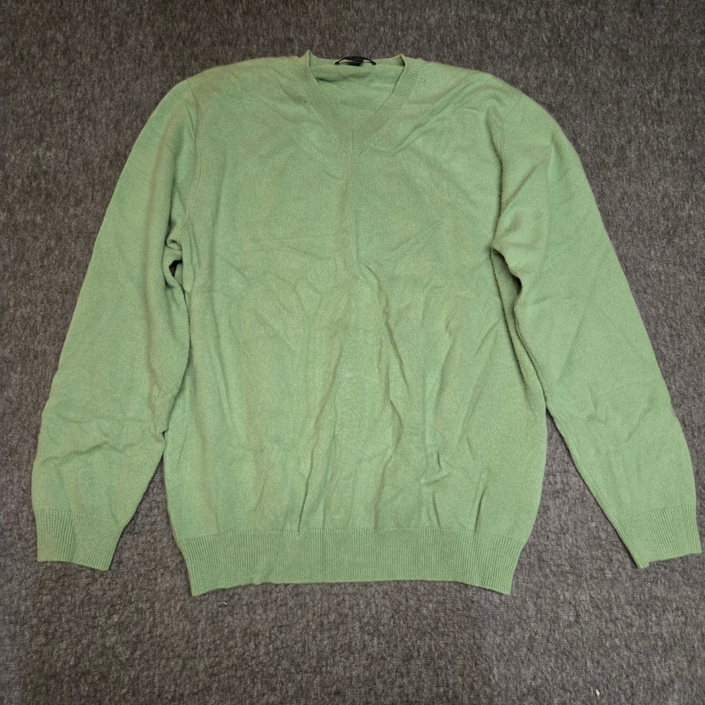 Lands End V-Neck Sweater Mens Medium Green 100% Cashmere Long Sleeve Soft
